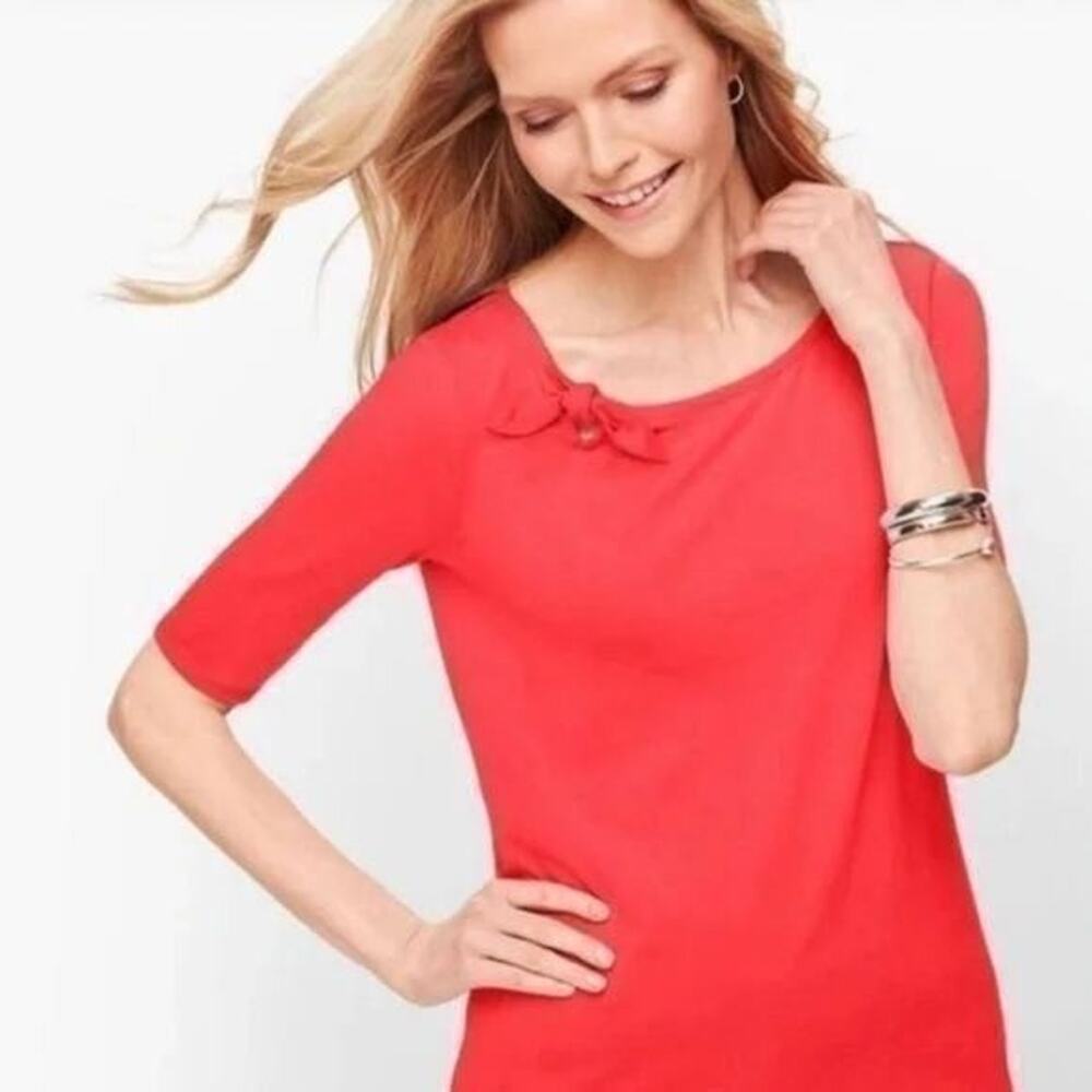 Talbots Red Pima Cotton Boat Neck Knot Shoulder Top Elbow Sleeve 2XP New
